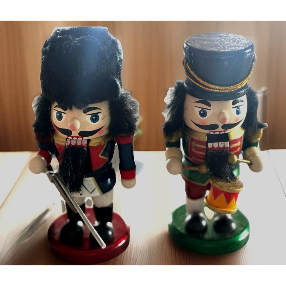 2 Deluxe Wood Nutcrackers Soldier with Rifle & Drummer Wooden 6" Tall Christmas